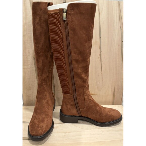 Kenneth Cole Reaction Lionel Tall Stretch Back Panel Boots Caramel Cafe - Picture 5 of 9